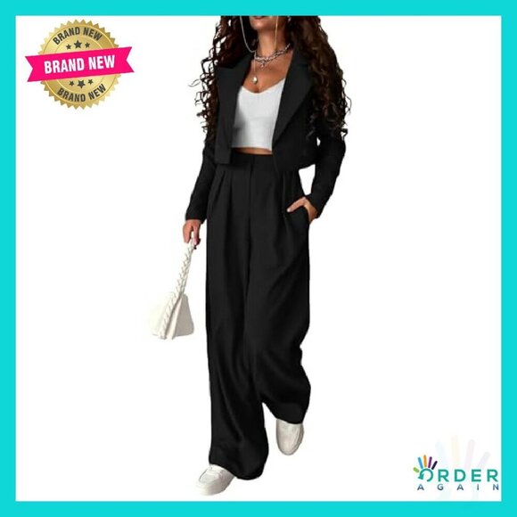 Jackets & Blazers - Cropped Blazer Wide Leg Pants Suit Set Business Casual Elegant Work Office